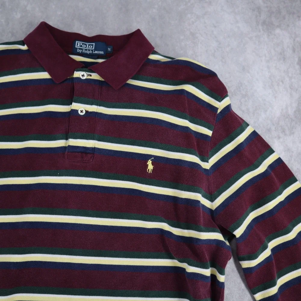 Vintage Polo Ralph Lauren Long Sleeve Striped Rugby Polo Shirt Mens M Preppy 90s